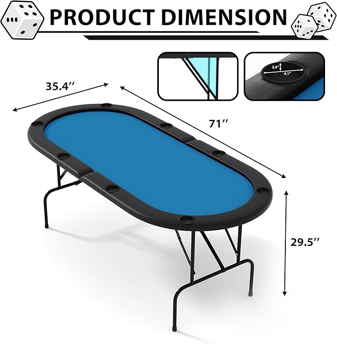 8 Player Foldable Poker Table, 71" Portable Folding Poker Game Tables with Collapsible Legs, Cup
