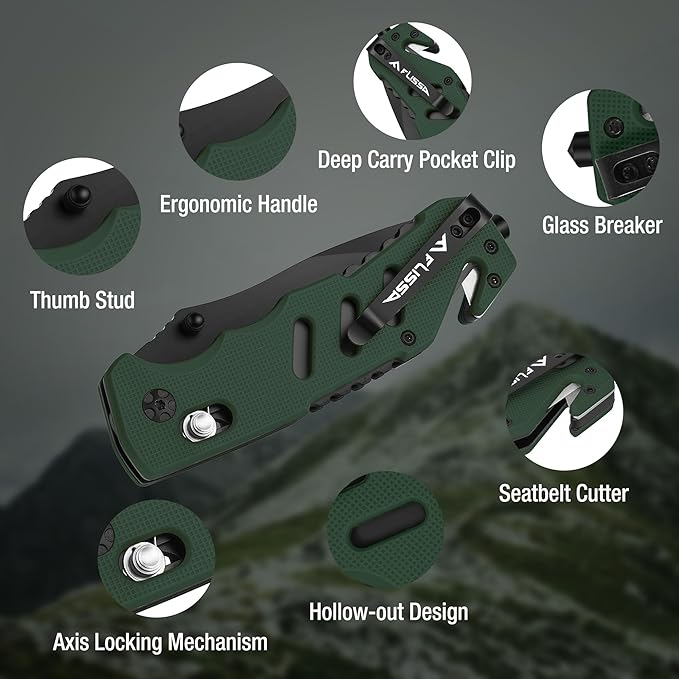 FLISSA Folding Pocket Knife with Clip, Glass Breaker and Seatbelt Cutter, Survival Knife for