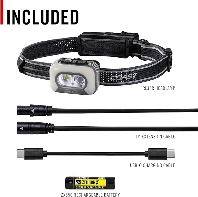 Coast RL35R Voice-Controlled 1100 Lumen Rechargeable LED Headlamp with ARC280??Lighting, 4 Color Modes, Rear-Facing Safety Signal, Variable Light Control and USB-C Charge Port