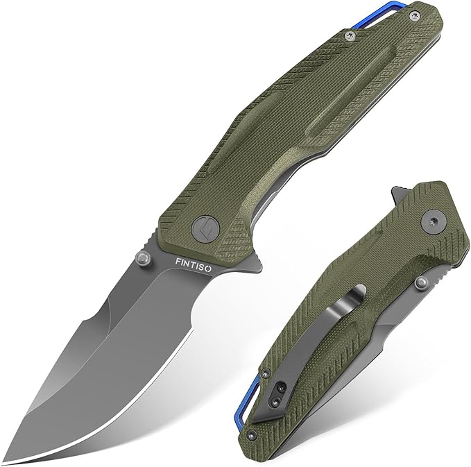 FINTISO Pocket Knife, 3.26" Premium 14C28N Blade G10 Handle with Fire Starter Function, Folding