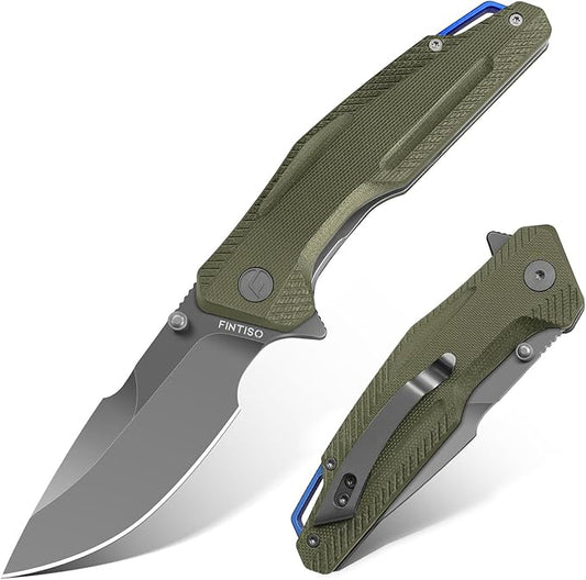 FINTISO Pocket Knife, 3.26" Premium 14C28N Blade G10 Handle with Fire Starter Function, Folding