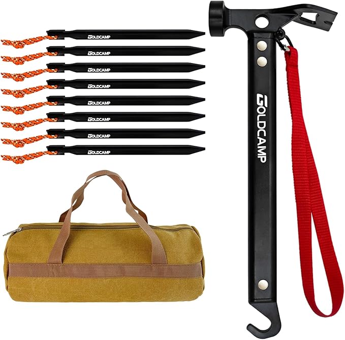 8 Pack Tent Stakes and Hammer with Canvas Storage Bag, Heavy Duty Camping Stakes for Outdoor Tent &