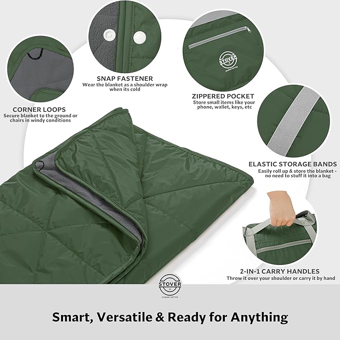 STOVER Waterproof Stadium Blanket – Portable Outdoor Camping Blanket for Travel, Picnics, or Sports