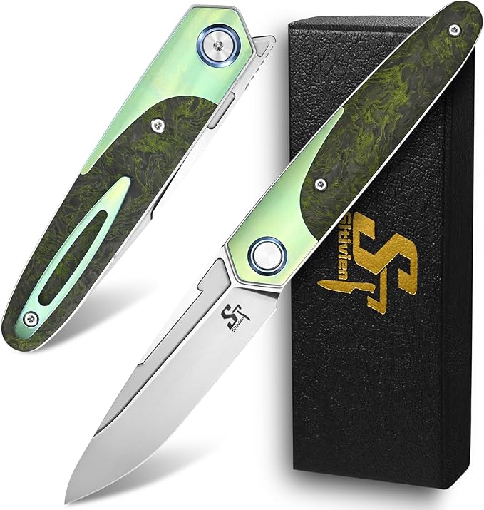 Sitivien ST992 Folding Pocket Knife,Handmade M390 Pearlescent Brushed Steel Blade,Titanium Carbon