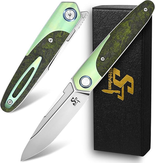 Sitivien ST992 Folding Pocket Knife,Handmade M390 Pearlescent Brushed Steel Blade,Titanium Carbon