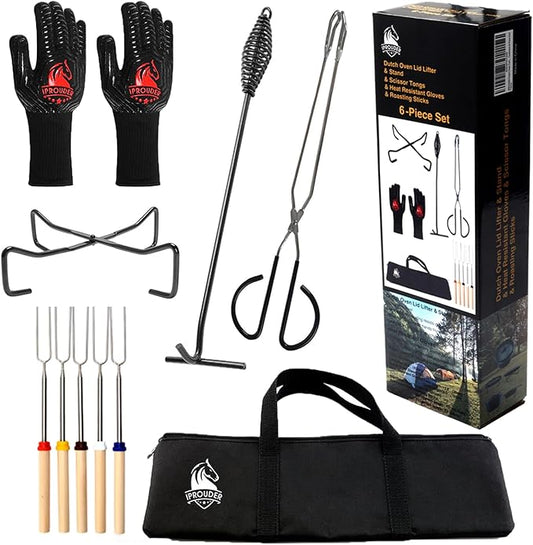 6-in-1 Dutch Oven Camping Accessories Kit - Campfire Cooking Equipment with Marshmallow Roasting