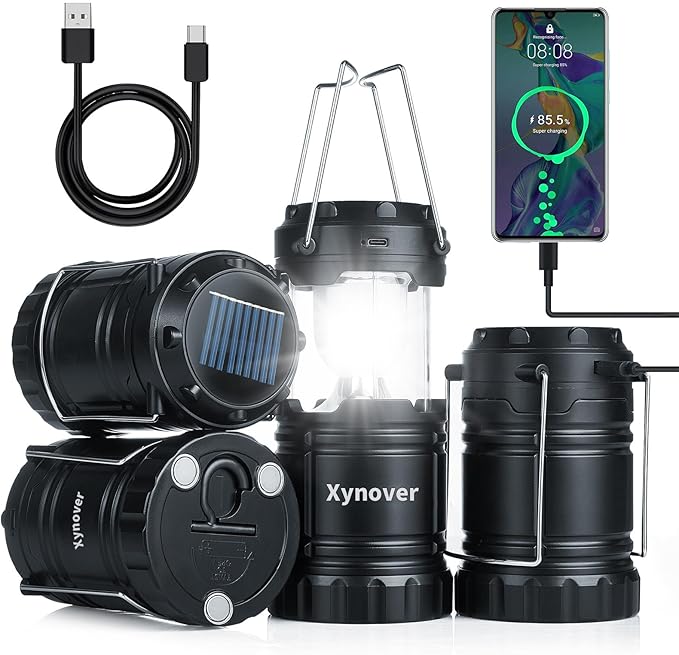 Solar Camping Lantern 4-Pack - Rechargeable LED Lights, Magnetic Base & Foldable Hanging Hook