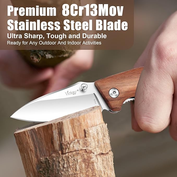 Vickay Pocket Knife, Folding Knife, 2.75" 8Cr13MoV Steel Blade, Wood Handle EDC Knife for Men &