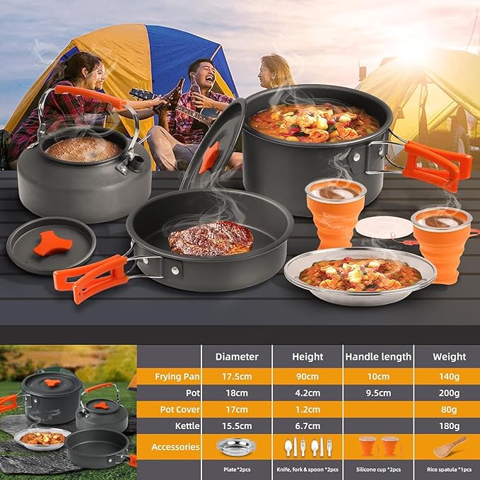 Camping Cooking Set Camping Cookware Outdoor Aluminum Mess Kit with Frying Pan, Pot with Lid, 1.2L