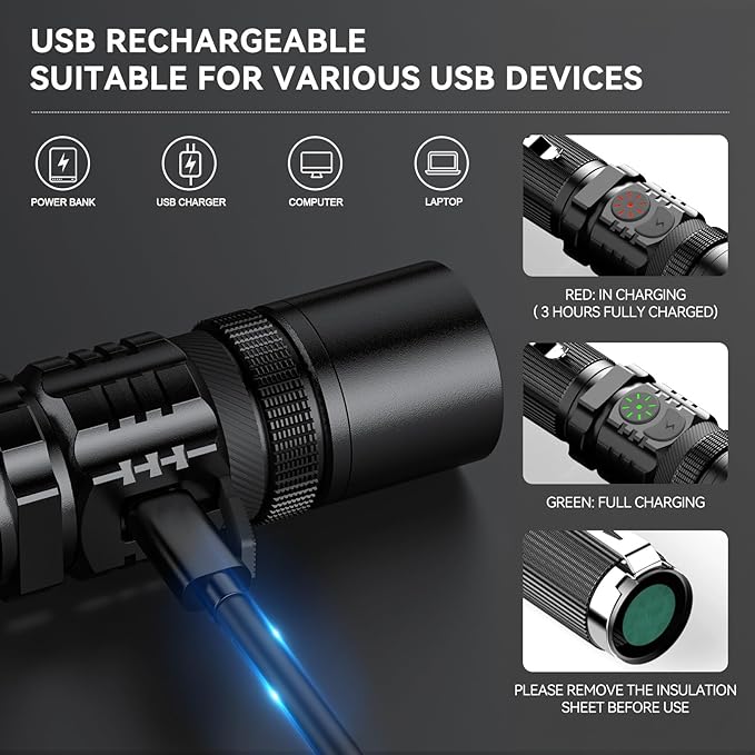 Rechargeable Flashlights 2 Pack, RECHOO High Lumens LED Tactical Flashlight with Double Switch