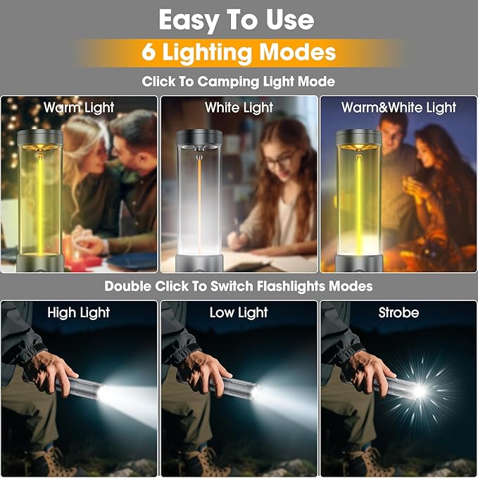 2 in 1 LED Camping Lantern, 2500mAh Rechargeable Camping Light, 6 Modes Outdoor Flashlight Lantern