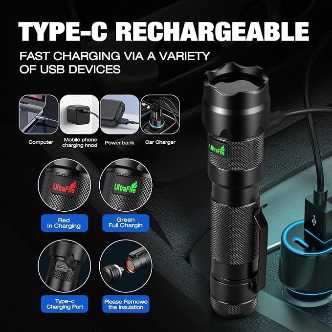 ULTRAFIRE 395nm UV Flashlight Rechargeable - 15W High Power Ultraviolet Blacklight for Pet Urine