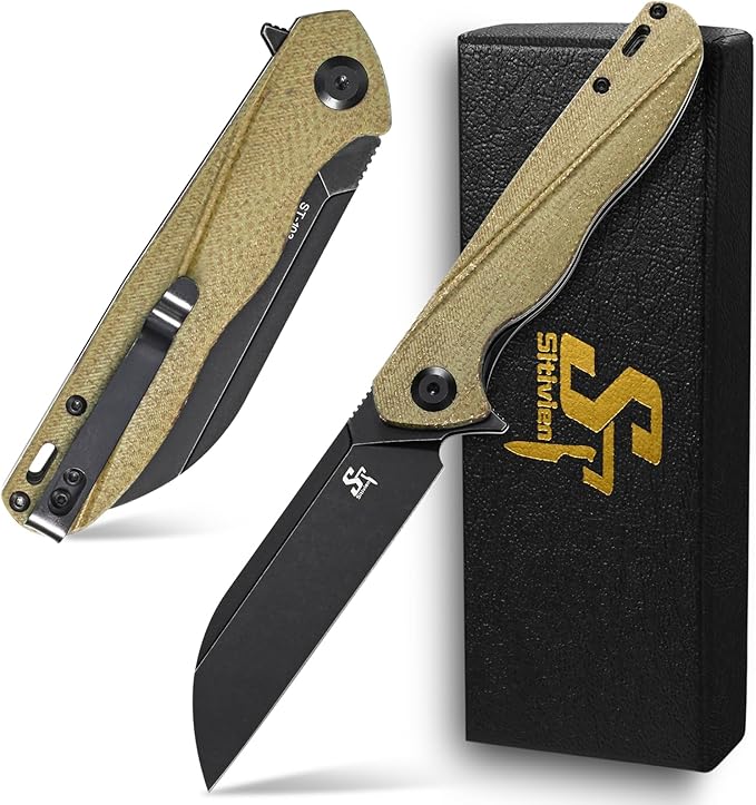 Sitivien ST103 Folding Knife, D2 Steel Blade,Micarta Handle EDC Tool Knife for Outdoor, Camping