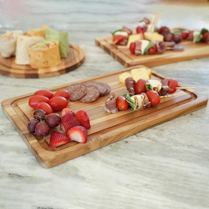 EcoDecors, Teak Cutting Board 14"x10", Reversible Teak Wood Edge Grain Carving Board with Juice