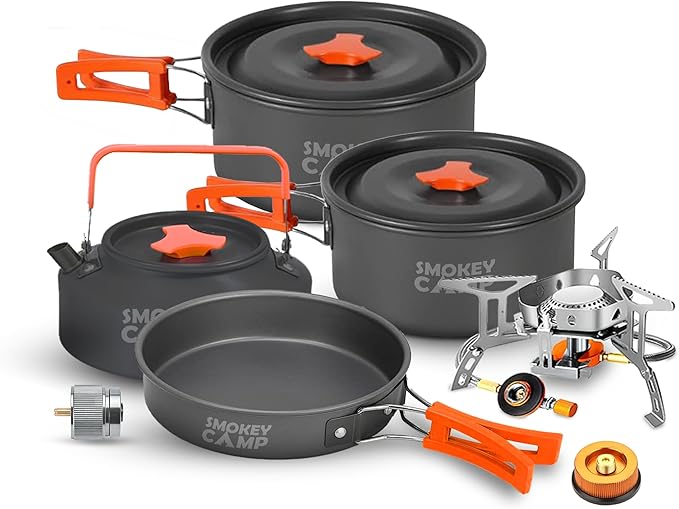 Camping Cookware Mess Kit Set with Stove - Backpacking Camping Pots and Pans Set, All in One