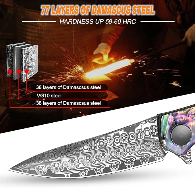 AUBEY Damascus Pocket Knife for Women Men, Sharp 3.23" Damascus Steel Blade Knife with Clip, EDC