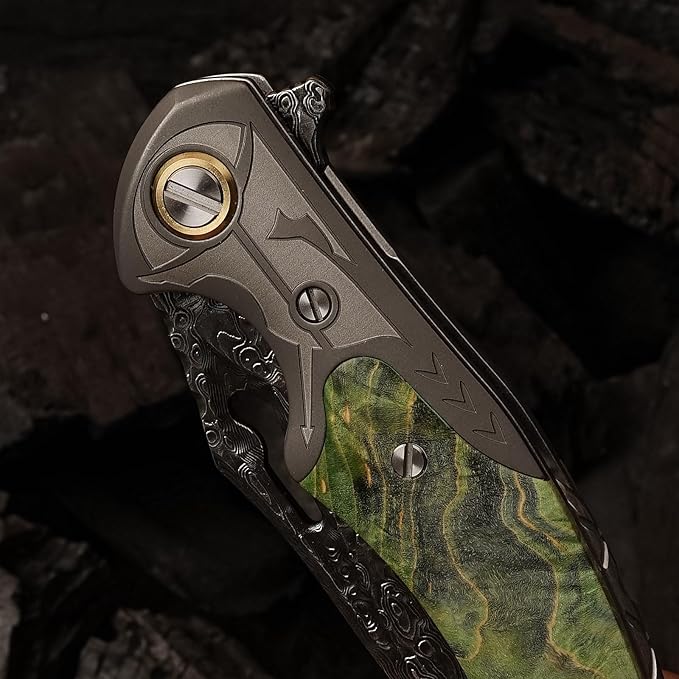 VG10 Damascus Steel Folding Knife, Stable Wood with Leather cover and pocket clip, Outdoor Survival