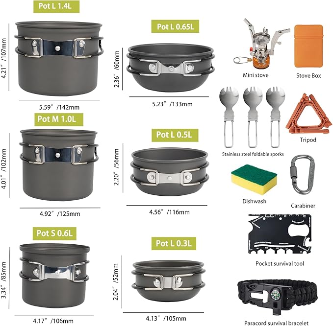 Camping Cookware Mess Kit, 17 pcs Backpacking Cooking Gear, Lightweight Camping Pots and Stove Set