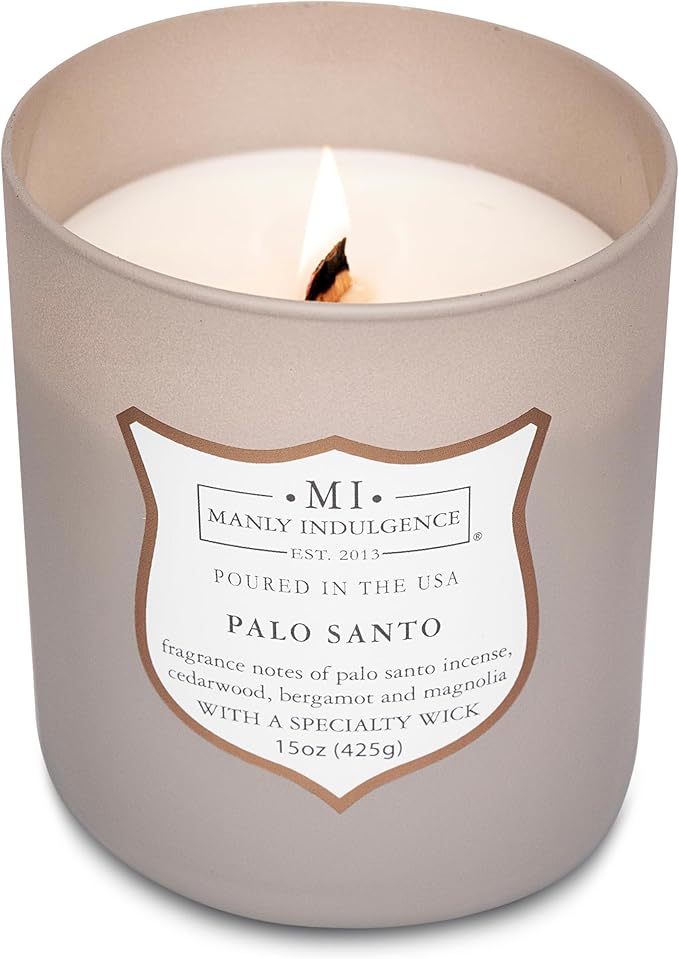 Manly Indulgence Palo Santo Scented Candles for Men, 15 oz Wooden Wick, Premium Soy Blend Wax, 60H