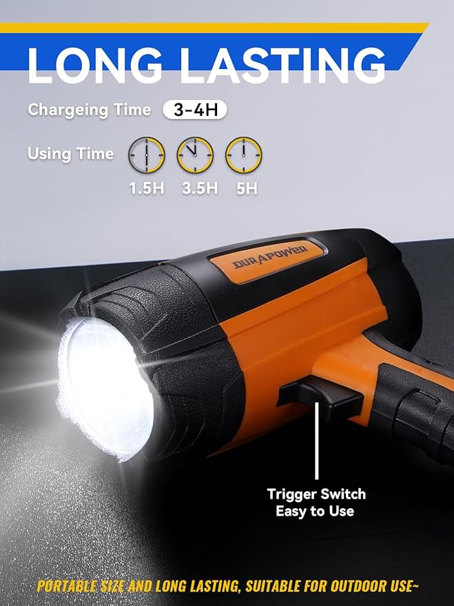 Durapower Rechargeable Spotlight, 500 Lumens LED Spotlight Flashlight, IPX2 Waterproof Handheld