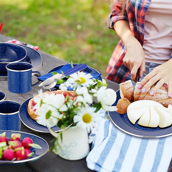 Nuogo 12 Pcs Enamel Camping Tableware Set Dinnerware Kit Includes 12 oz Coffee Mugs Camping Plates