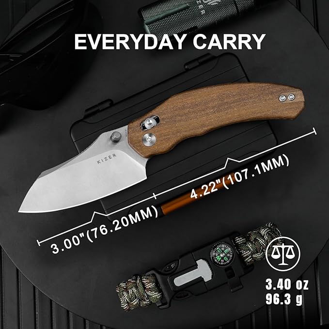 Kizer Bulldog Pocket Knife, 3 In Nitro V Blade Folding Knife Mkuruti Wood Handle Camping Hunting