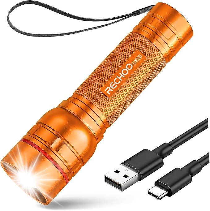Rechargeable Flashlights High Lumens, G1000 Super Bright Flash Light Orange, Small Zoomable LED
