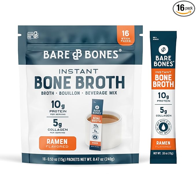 Bare Bones Bone Broth Instant Powdered Beverage Mix, Ramen, Pack of 16, 15g Sticks, 10g Protein
