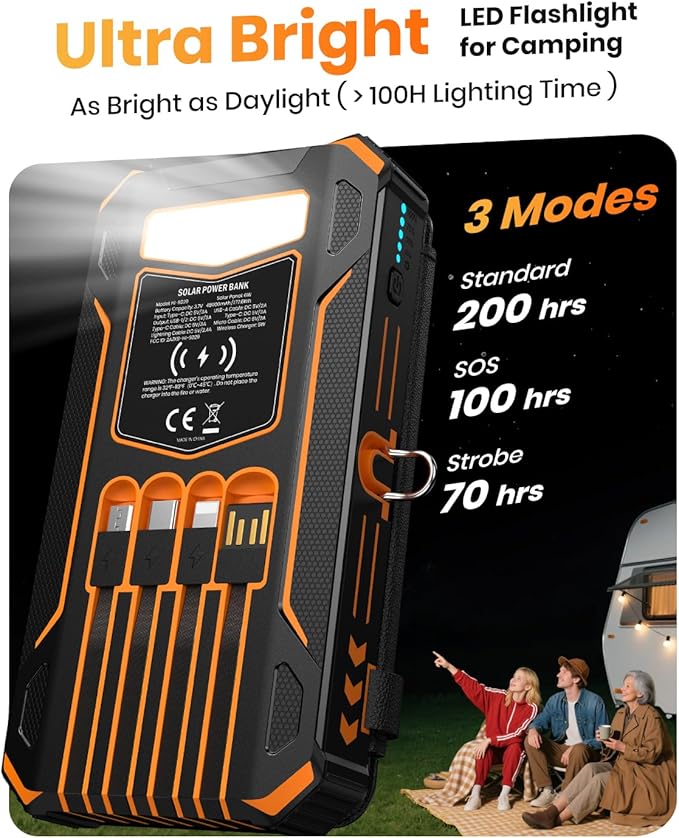 SOARAISE Solar Charger Power Bank - 48000mAh Wireless Portable Charger Built-in 4 Cables and 4