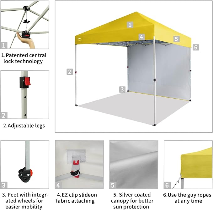 CROWN SHADES 8x8 Pop Up Canopy with 1 Side Wall - Beach Tent with One Push Setup - Outdoor Sun
