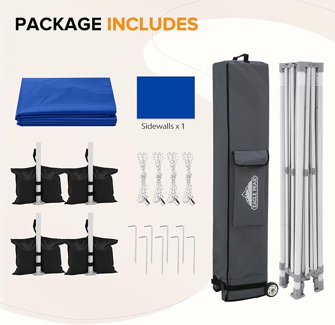 EAGLE PEAK 10x10 Heavy Duty Pop up Commercial Canopy Tent with One Removable Sidewall, Instant Sun