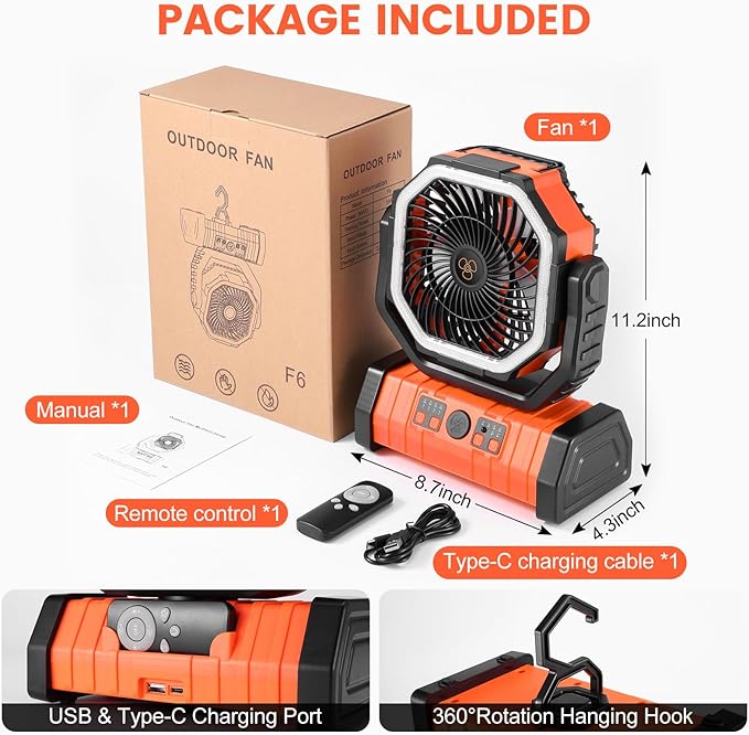 Odoland 30000mAh Camping Fan with LED Lantern, Rechargeable Battery Operated Oscillating with