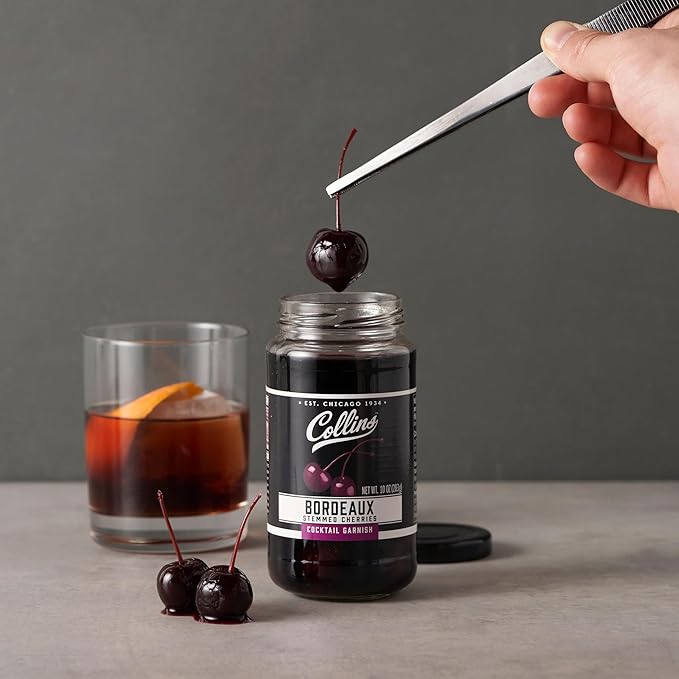 Collins Stemmed Black Cherries for Cocktails, Old Fashioned, Manhattan, and Whiskey Sour, Cocktail