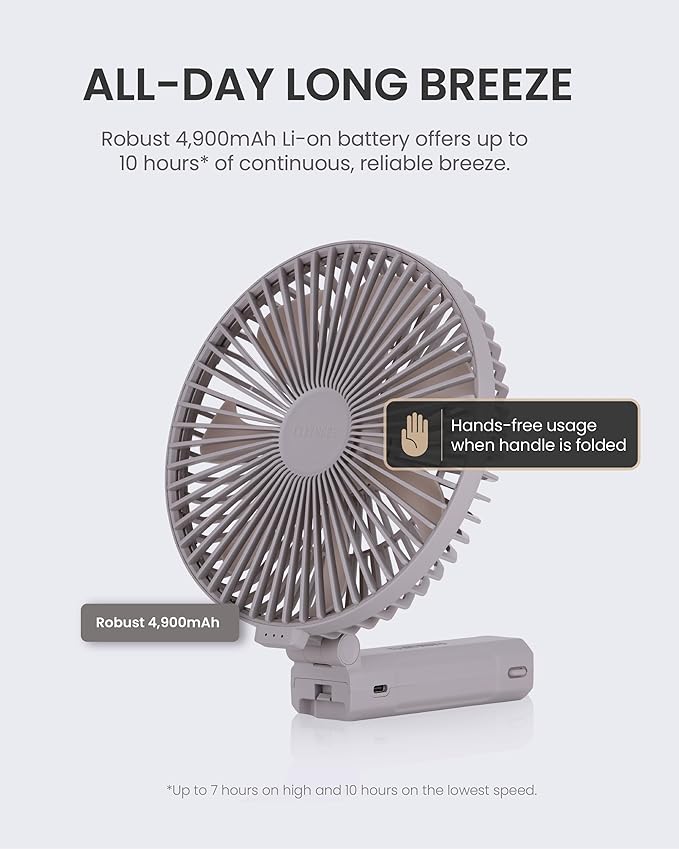 Claymore Handy A (Gray) Portable Handheld Fan – BLDC Motor Foldable, 4,900mAh Rechargeable, USB-C