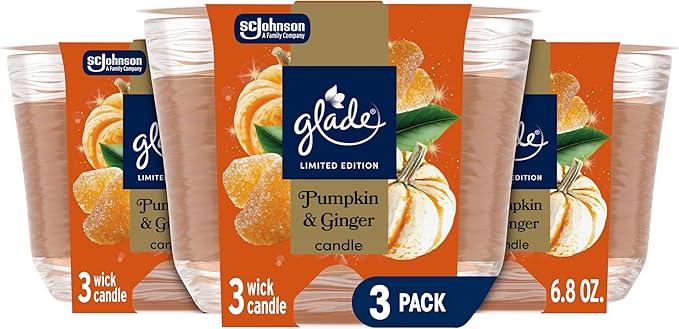 Glade 3-Wick Scented Candle Jar, Pumpkin & Ginger, Air Freshener Infused with Essential Oils, 6.8