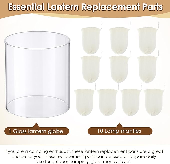 11 Pcs Propane Lantern Mantles with Glass Replacement Globe, Standard Lantern Replacement Parts U