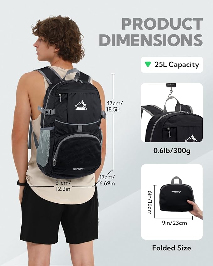 WATERFLY Packable Hiking Daypack Backpack: 25L Ultra Lightweight Foldable Waterproof Outdoor Travel