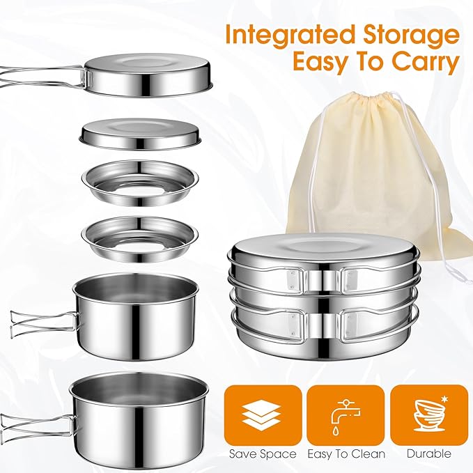 14 Piece Camp Cooking Set, Stainless Steel Camping Cookware with Pot and Pan Kit 2 Set Stainless
