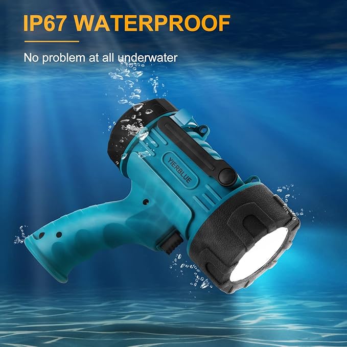 YIERBLUE Rechargeable Spotlight Flashlight IP67 Waterproof with 90,000 Lumen LED, 12 Hours Long