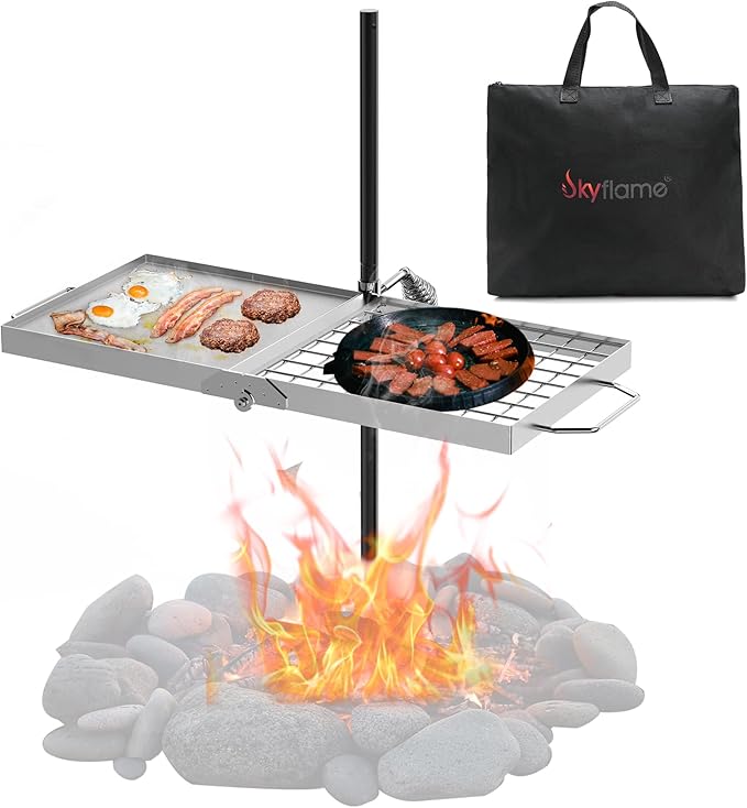 Skyflame Folding Campfire Grill Grate, Stainless Steel Swivel Camping Grill Grate and Griddle with
