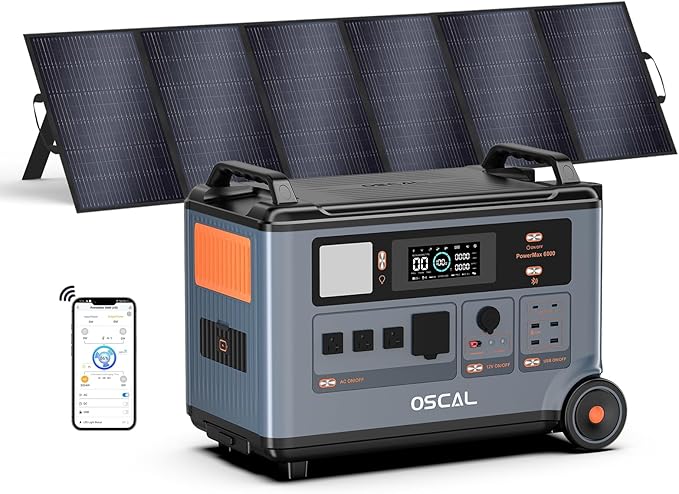 OSCAL PowerMax 6000 Solar Generator with 500W Solar Panel, 120V/240V Split Phase Voltage 6000W AC