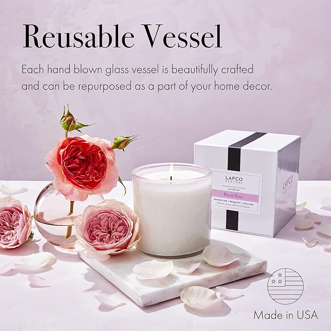 LAFCO New York Classic Candle, Blush Rose - 6.5 oz - 50-Hour Burn Time - Reusable, Hand Blown Glass