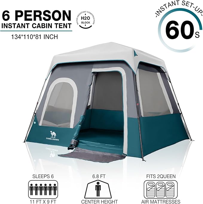 Camping Tents 4/6 Person Pop Up Instant Tent - Setup in 60s for Family Camping, Windproof Design