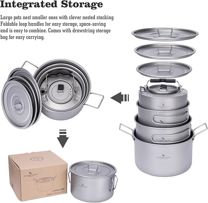 iBasingo 1.2L+1.8L+2.4L Titanium Pots Set with Lid Camping Cookware with Foldable Handle Portable