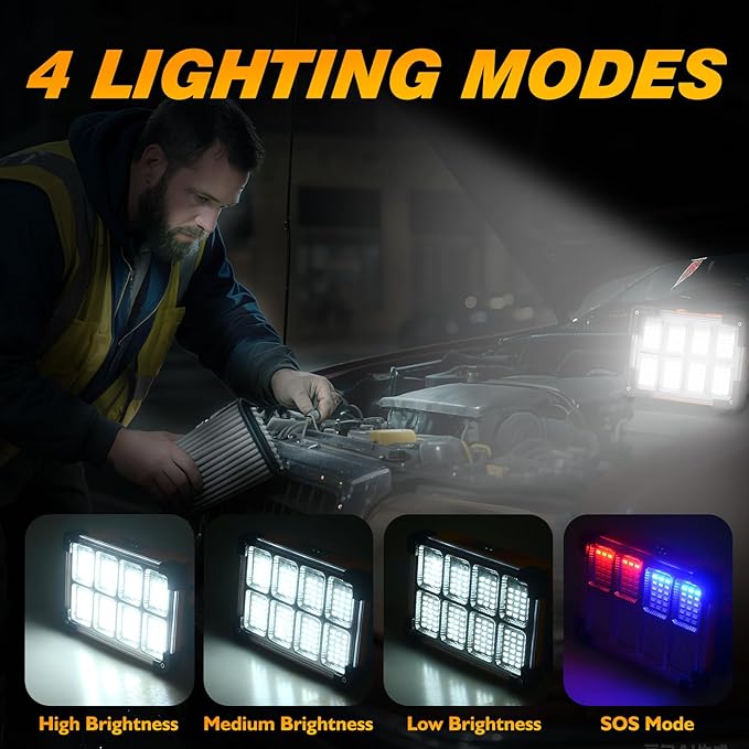 120W Solar Rechargeable Work Light, 144 LED 10000LM Led Work Light with 4 Modes, Portable Flood