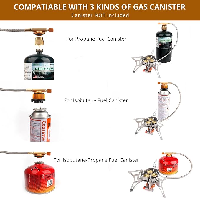 6800W Camping Stove with Fuel Canister Adapter Portable Backpacking Gas Stove with Piezo Ignition