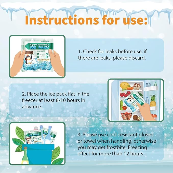 5 Packs Reusable Ice Packs for Lunch Boxes - 12+ Hour Cooling Ice Gel Pack for Camping, Beach