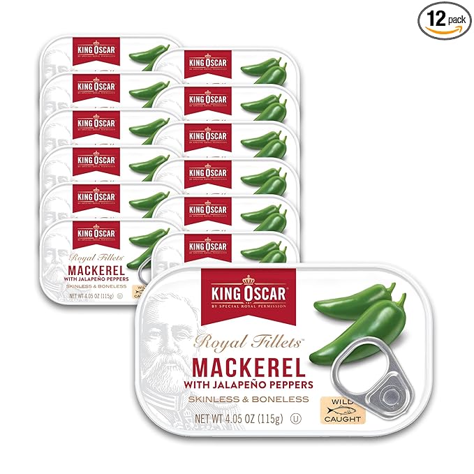 King Oscar Mackerel in Olive Oil with Jalapeño Peppers, 4.05 Ounce Cans (Pack of 12, Packaging May
