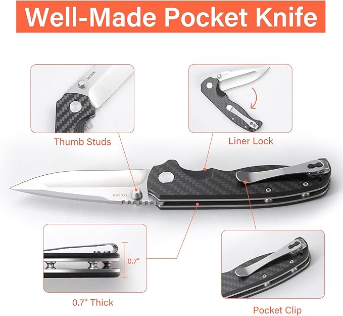 Men's Folding Pocket Knife – 3.4" Sandvik 14C28N Blade Carbon Fiber Handle Ceramic Bearings Liner
