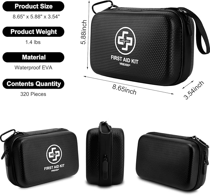 Premium First Aid Kit, 320 Piece Waterproof Hard Shell Eva First Aid Kit for Home, Camping, Cars